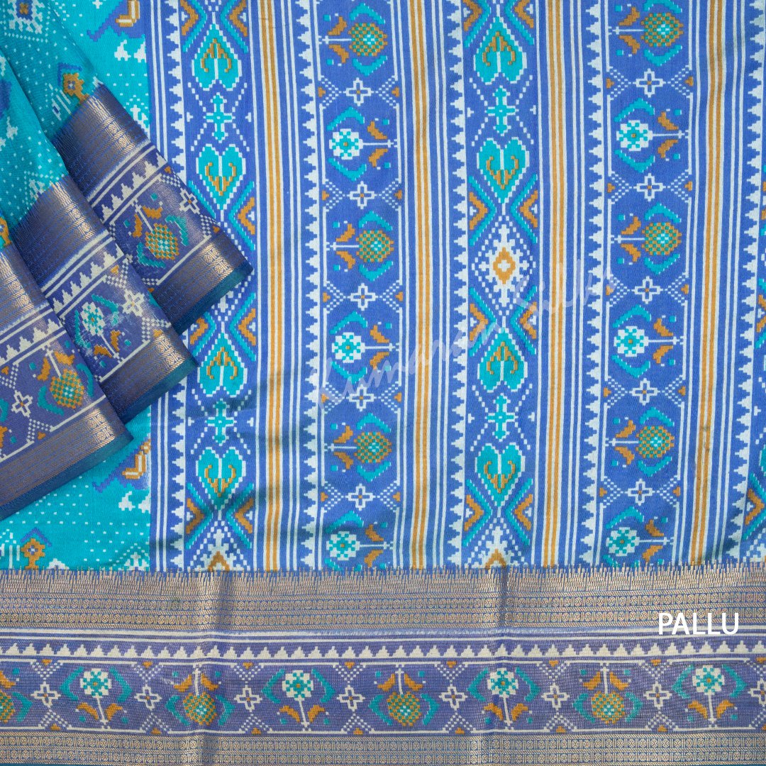 Semi Raw Silk Printed Teal Blue Saree 08