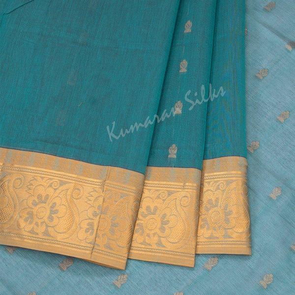 Venkatagiri Handloom Cotton Peacock Green Saree Without Blouse - Kumaran Silks