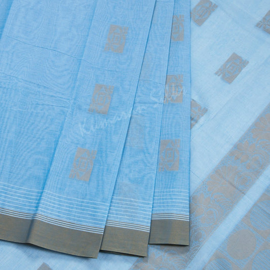Chettinad Cotton Light Blue Thread Work Saree With Contrast Border