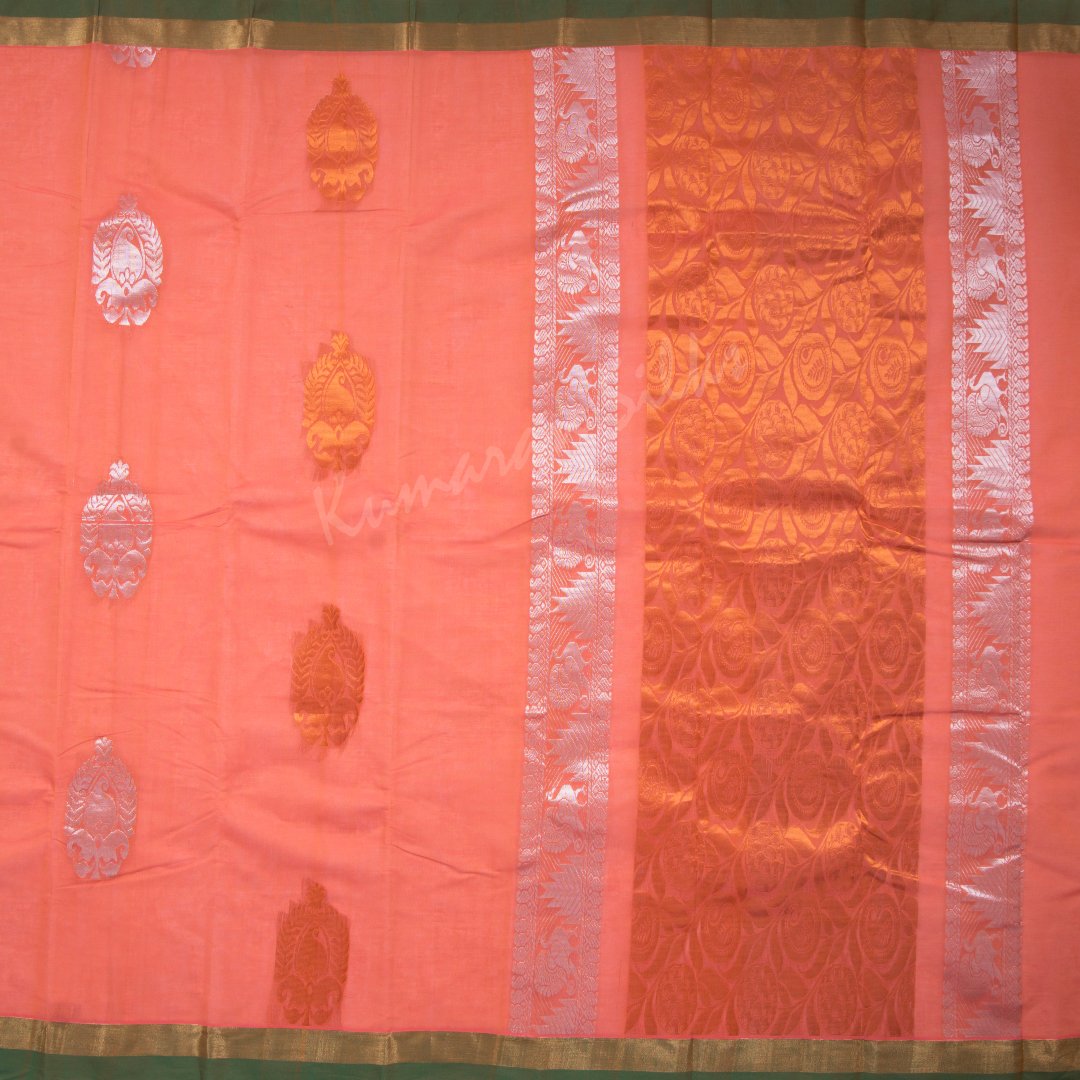 Chettinad Cotton Fiery Rose Pink Saree Copper And Silver Zari Buttas And Simple Border