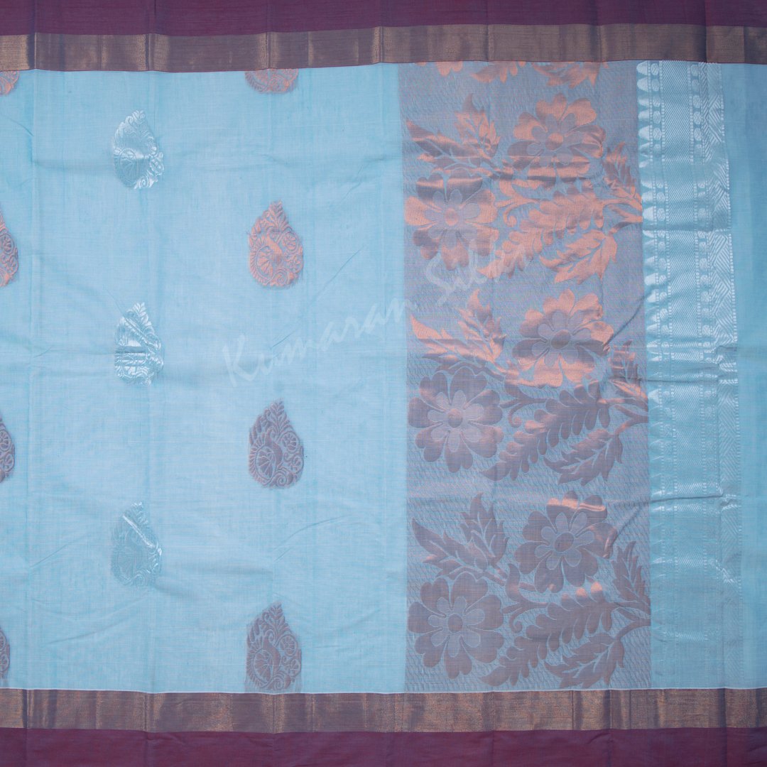 Chettinad Cotton Light Blue Saree Copper And Silver Zari Buttas And Simple Border