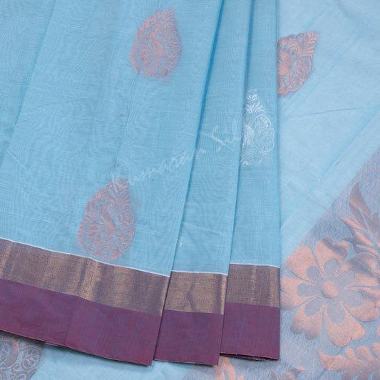 Chettinad Cotton Light Blue Saree Copper And Silver Zari Buttas And Simple Border