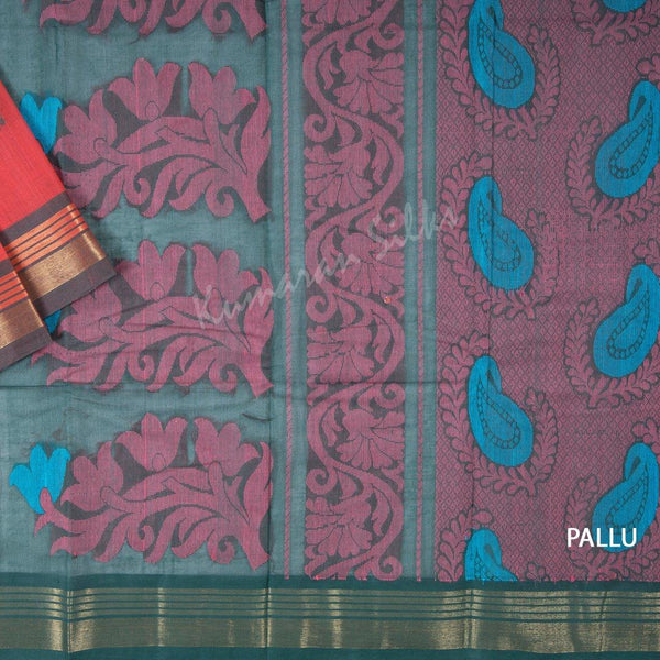 Kanchi Cotton Dark Peach Embossed Saree Mango Buttas On The Body With Contrast Border - Kumaran Silks