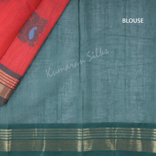 Kanchi Cotton Dark Peach Embossed Saree Mango Buttas On The Body With Contrast Border - Kumaran Silks