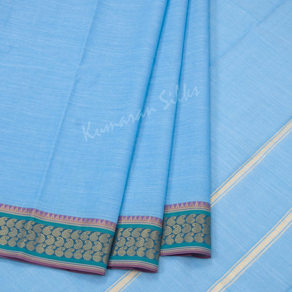 Poly Cotton Blue Plain Saree With Contrast Mango Border