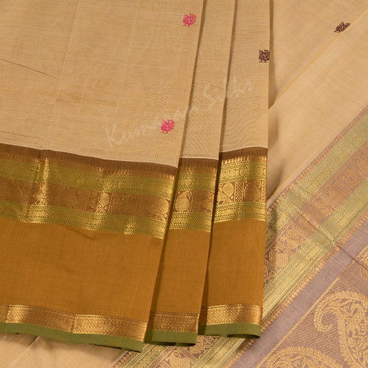 Chettinad Cotton Light Brown Saree With Small Buttas On The Body And Brown Border