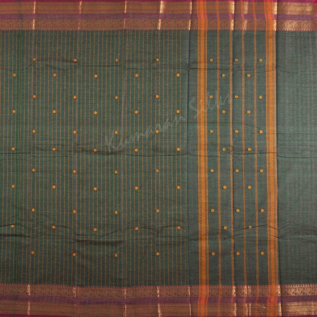 Chettinad Cotton Peacock Green Striped Saree With Small Buttas On The Body