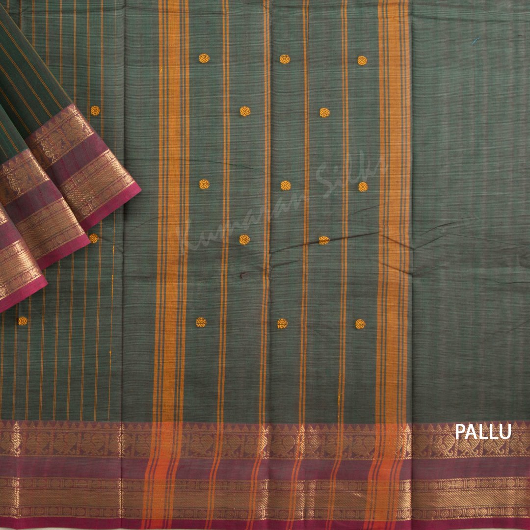 Chettinad Cotton Peacock Green Striped Saree With Small Buttas On The Body