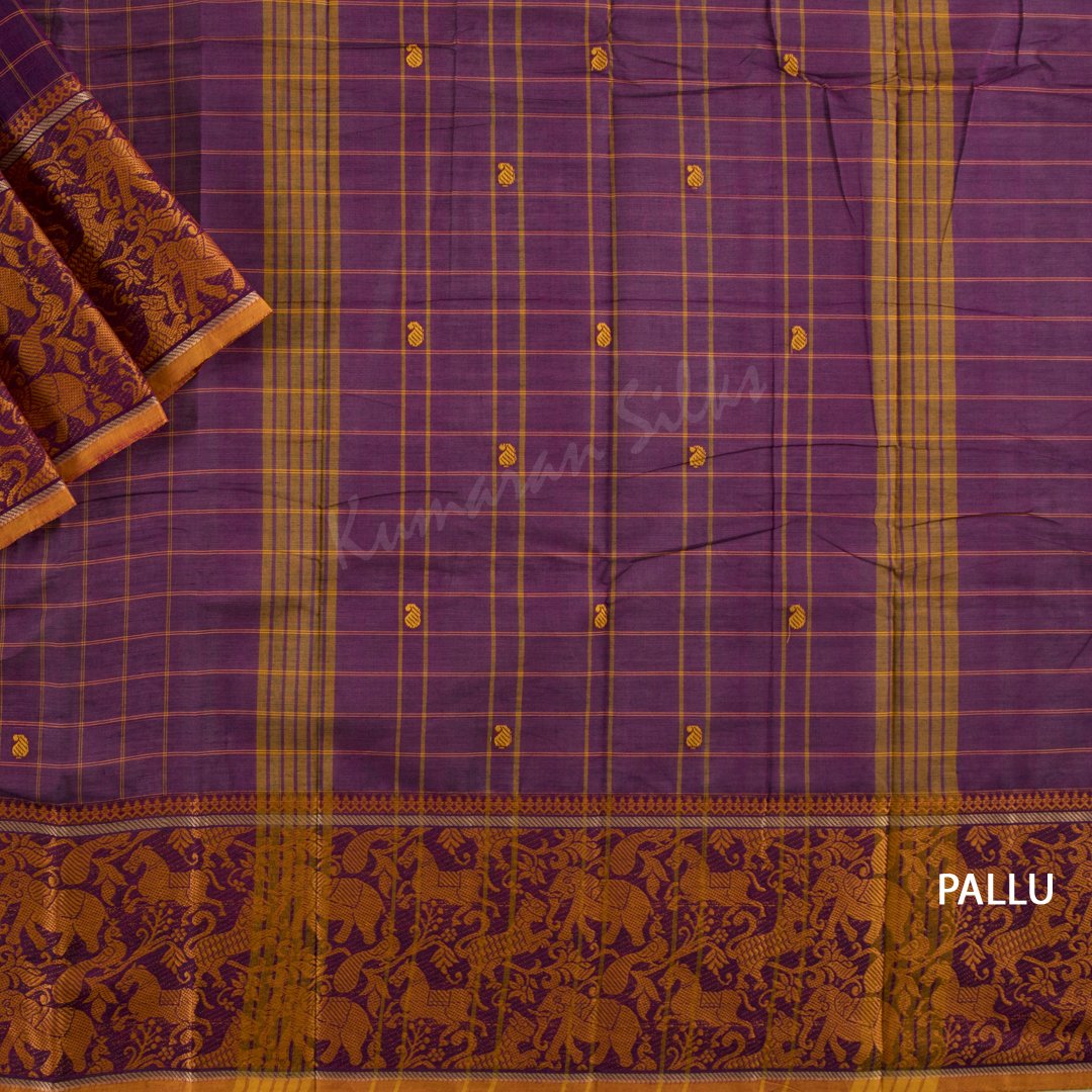 Chettinad Cotton Dark Violet Checked Saree With Peacock And Horse Border