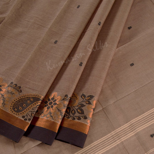 Chettinad Cotton Light Brown Saree With Small Buttas On The Body And Plain Border