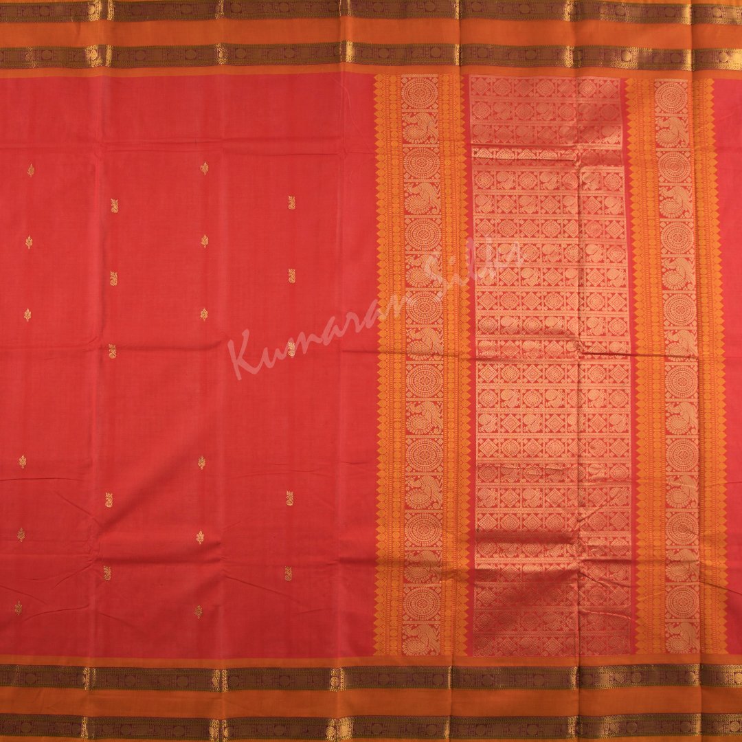 Kanchi Cotton Crimson Red Saree With Small Buttas On The Body And Rettapettai Border