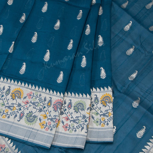 Tussar Peacock Blue Embroidered Saree With Floral And Zig Zag Designs On The Pallu