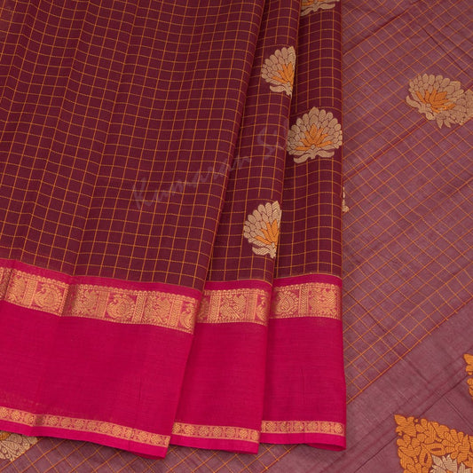 Kanchi Cotton Maroon Checked Saree With Contrast Border