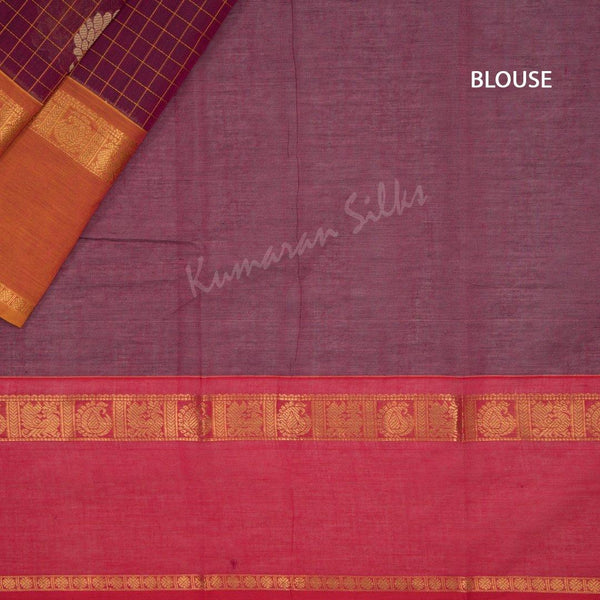 Kanchi Cotton Dark Pink Checked Saree With Contrast Border - Kumaran Silks