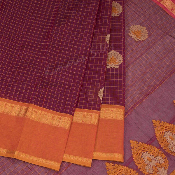 Kanchi Cotton Dark Pink Checked Saree With Contrast Border - Kumaran Silks