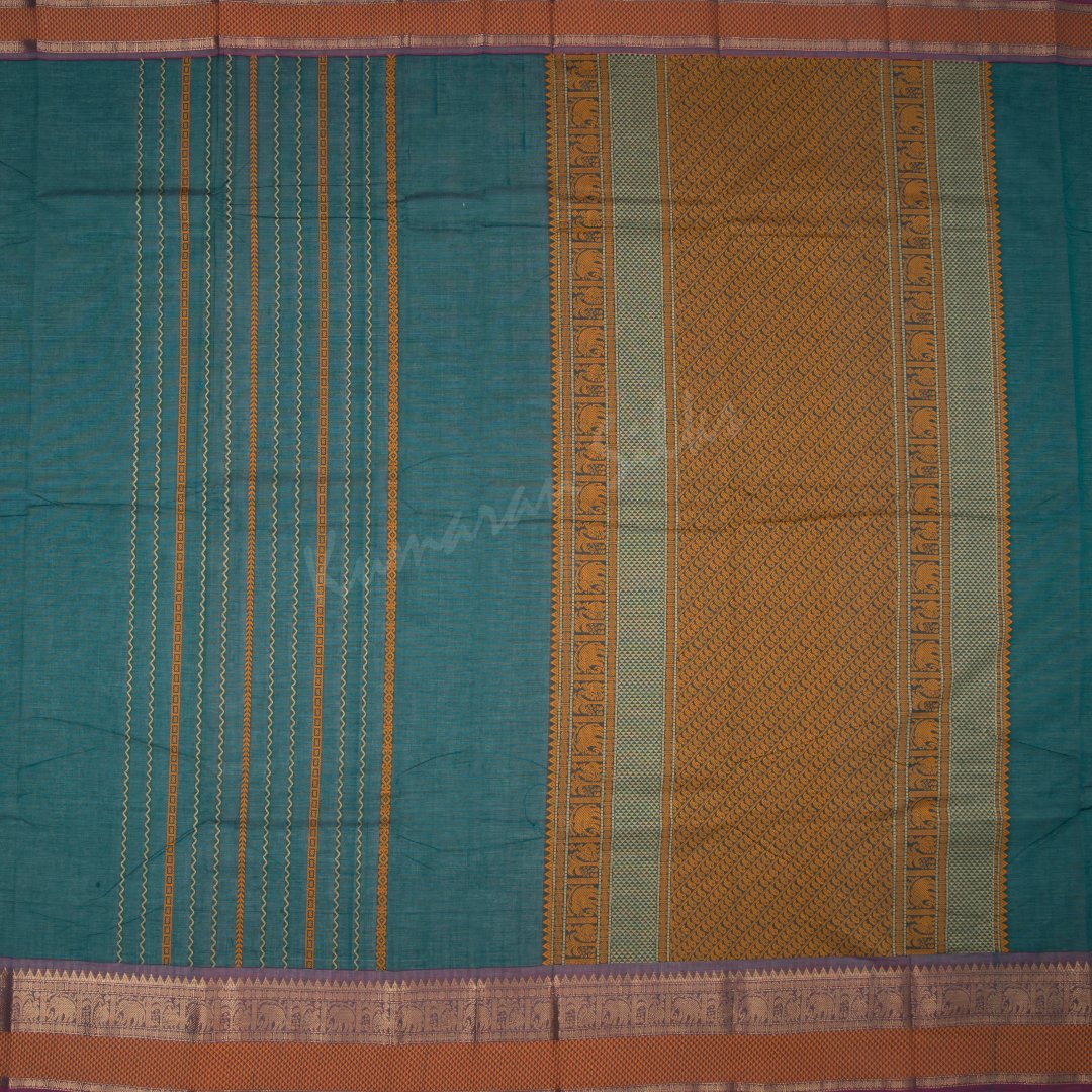 Kanchi Cotton Peacock Green Saree With Vertically Multi Design On The Body With Temple Border