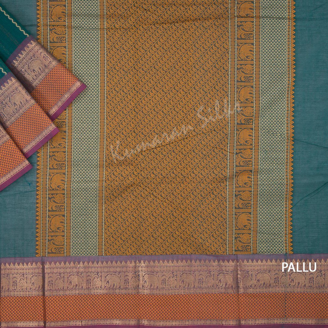 Kanchi Cotton Peacock Green Saree With Vertically Multi Design On The Body With Temple Border