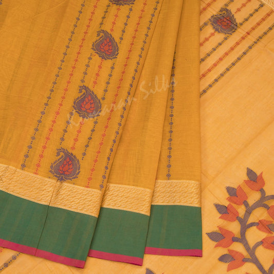 Kanchi Cotton Mustard Saree With Vertically Multi Design On The Body With Simple Border