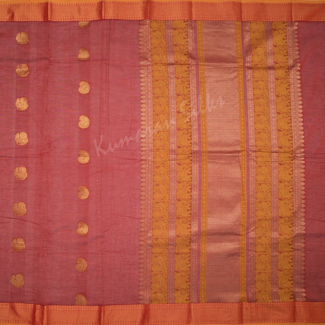 Kanchi Cotton Maroon Saree With Mango And Peacock Buttas On The Body And Pink Border