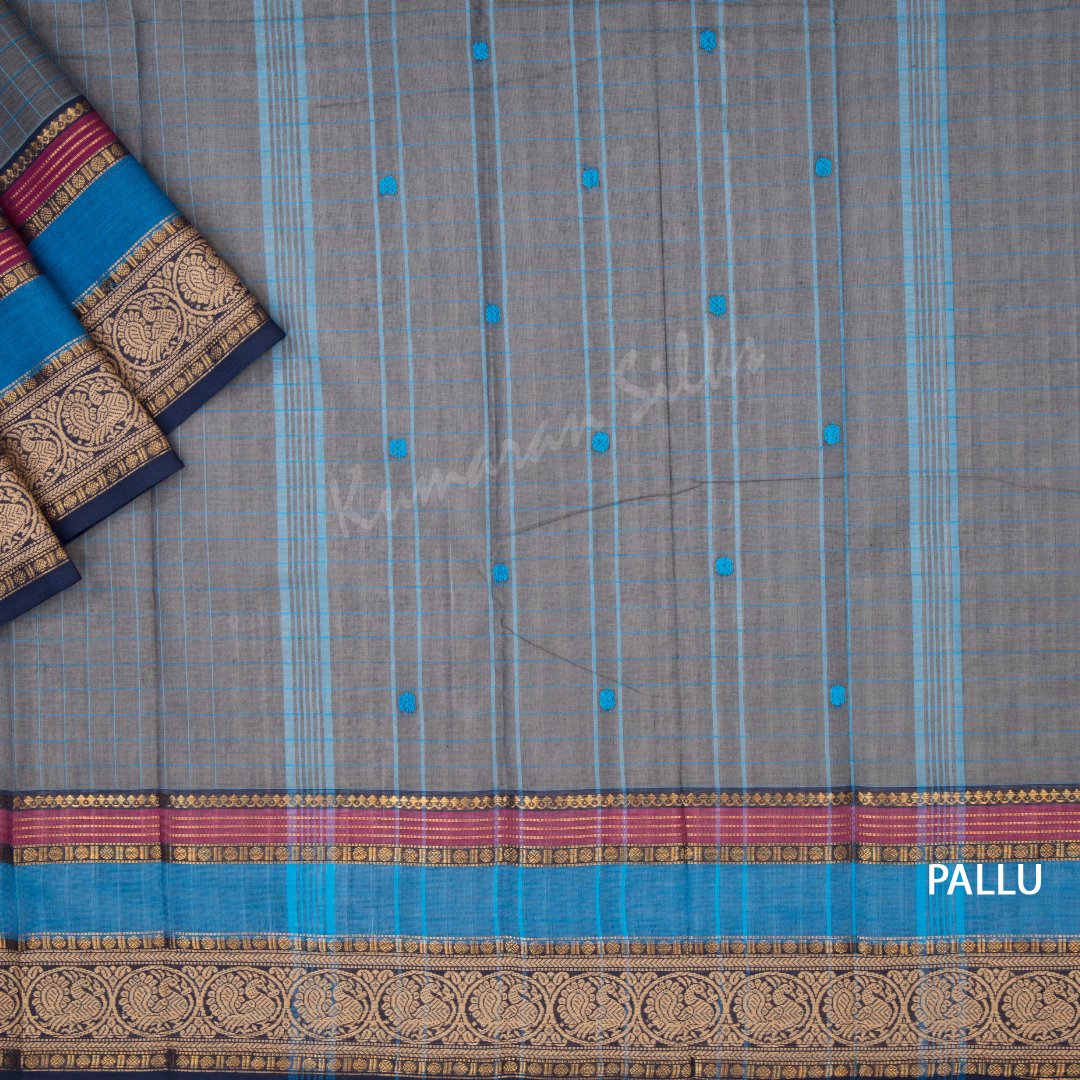Chettinad Cotton Grey Checked Saree With Peacock And Chakra Design On The Border