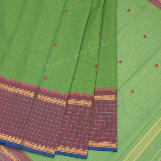 Chettinad Cotton Parrot Green Saree With Small Buttas On The Body And Checked Border