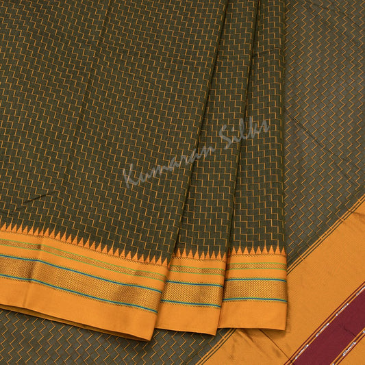 Dharwad Cotton Mehandi Green Thread Worked Saree With Zig Zag Design On The Body And Temple Border Without Blouse