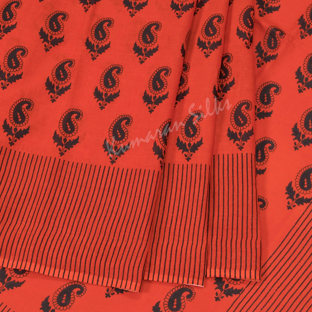 Mul Mul Cotton Reddish Orange Printed Saree 02