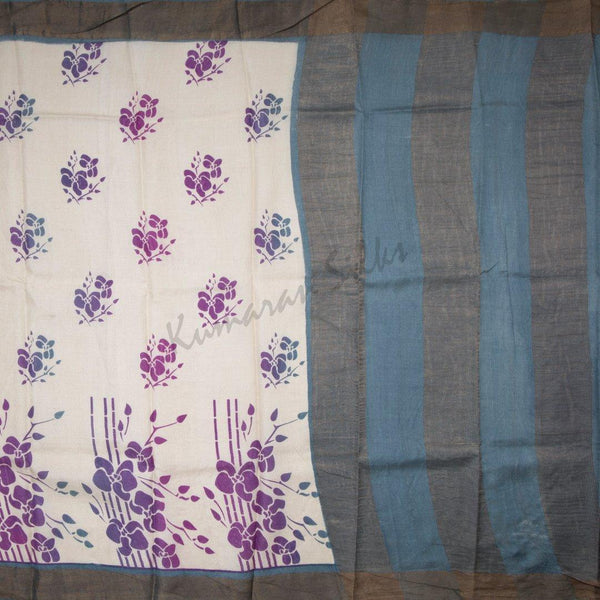 Tussar Cream Printed Saree With Floral Designs Over The Body - Kumaran Silks