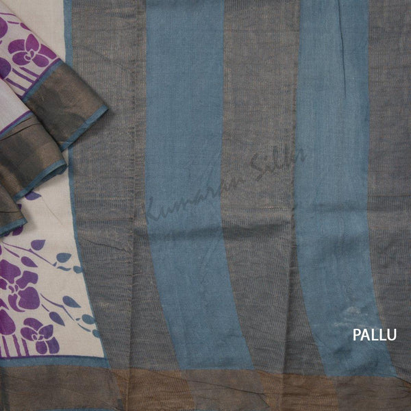 Tussar Cream Printed Saree With Floral Designs Over The Body - Kumaran Silks