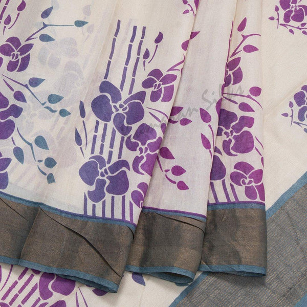 Tussar Cream Printed Saree With Floral Designs Over The Body - Kumaran Silks