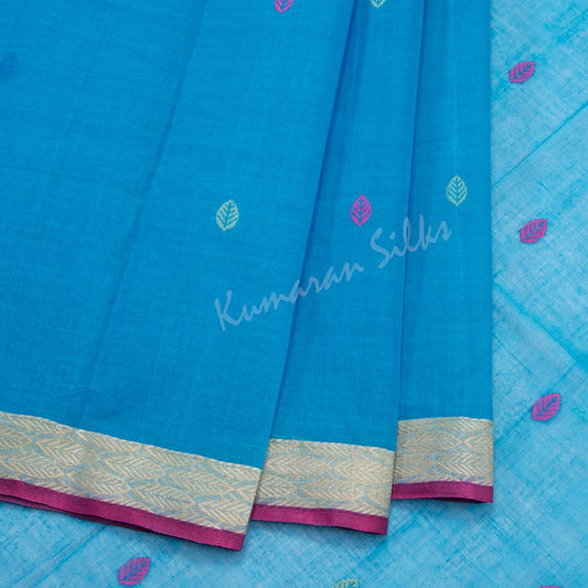 Bengali Cotton Blue Thread Embroidered Saree Without Blouse