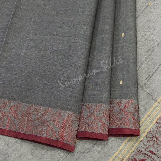 Bengali Cotton Grey Saree With Small Buttas On The Body Without Blouse 02