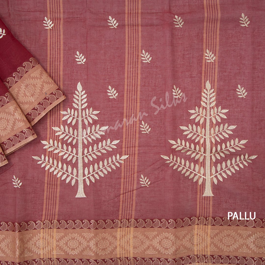 Bengali Cotton Maroon Thread Embroidered Saree Without Blouse