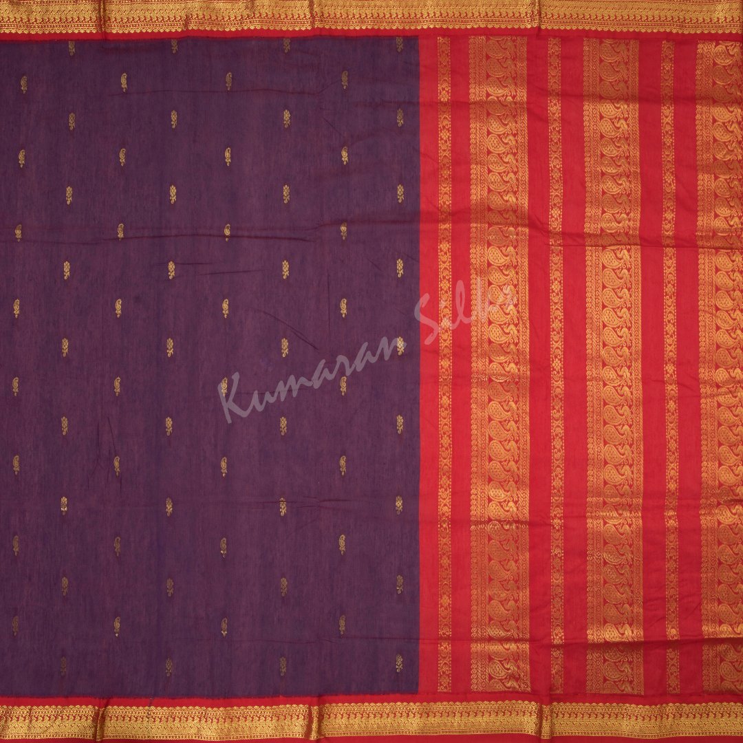 Kalyani Cotton Purple Saree With Small Buttas On The Body And Peacock Motif On The Pallu