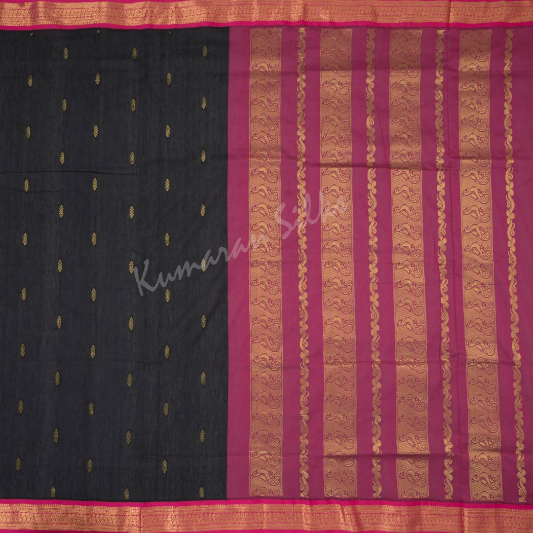 Kalyani Cotton Black Saree With Small Buttas On The Body And Peacock Motif On The Pallu