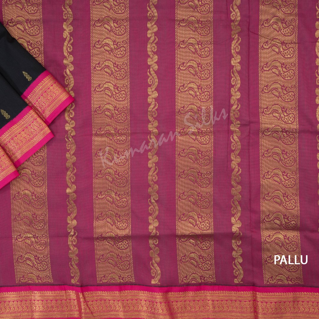 Kalyani Cotton Black Saree With Small Buttas On The Body And Peacock Motif On The Pallu