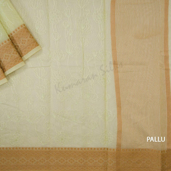 Semi Linen Pista Green Embroidered Saree With Floral Design On The Body - Kumaran Silks