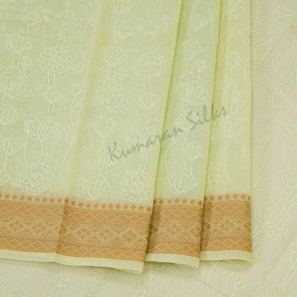 Semi Linen Pista Green Embroidered Saree With Floral Design On The Body - Kumaran Silks