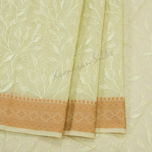 Semi Linen Pista Green Embroidered Saree With Leaf Design On The Body