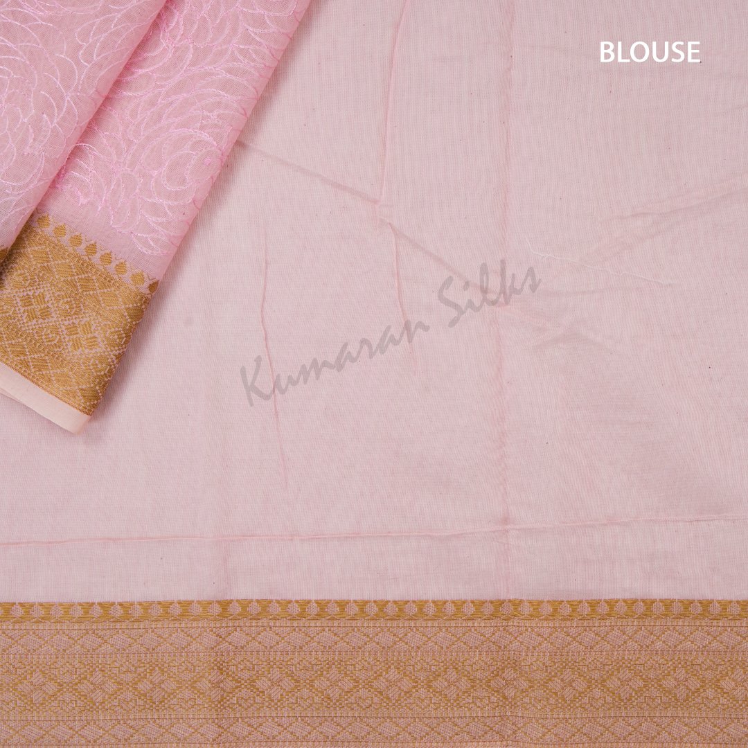 Semi Linen Rose Pink Embroidered Saree With Floral Design On The Body