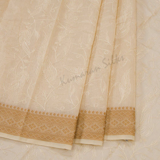 Semi Linen Cream Embroidered Saree With Leaf Design On The Body