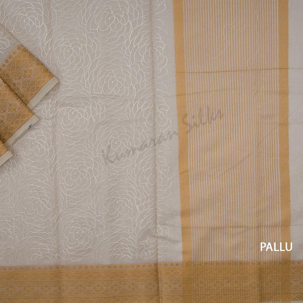 Semi Linen Cream Embroidered Saree With Floral Design On The Body - Kumaran Silks