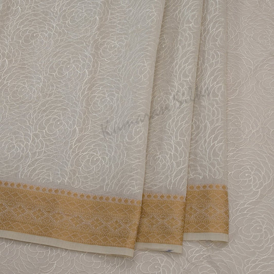Semi Linen Cream Embroidered Saree With Floral Design On The Body