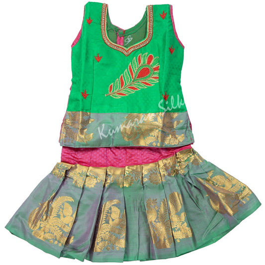 Pure Silk Parrot Green New Born Baby Pavada Set 02