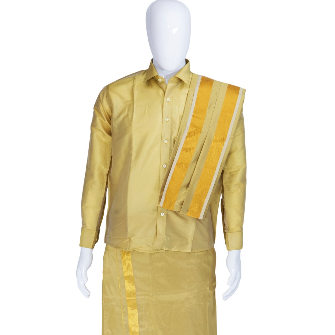 Gold Shirt & Dhoti Set With Angavastram