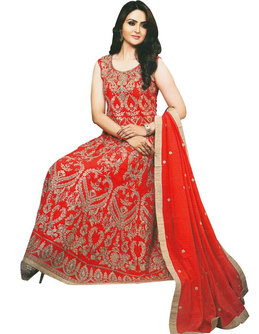 Raw Silk Red Gown Suit Set 02