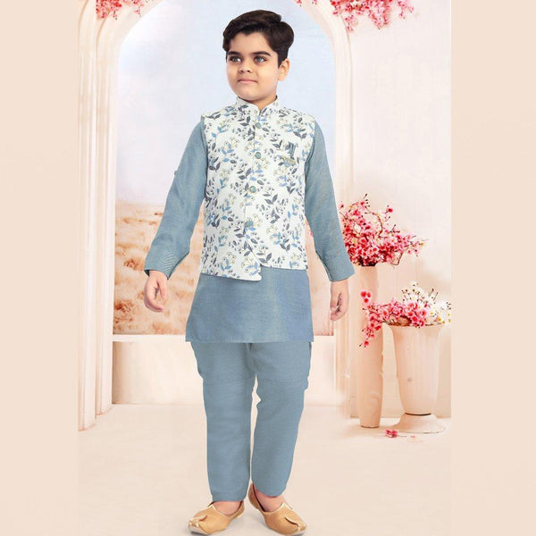 Raw Silk Greyish Blue Sherwani Set - Kumaran Silks