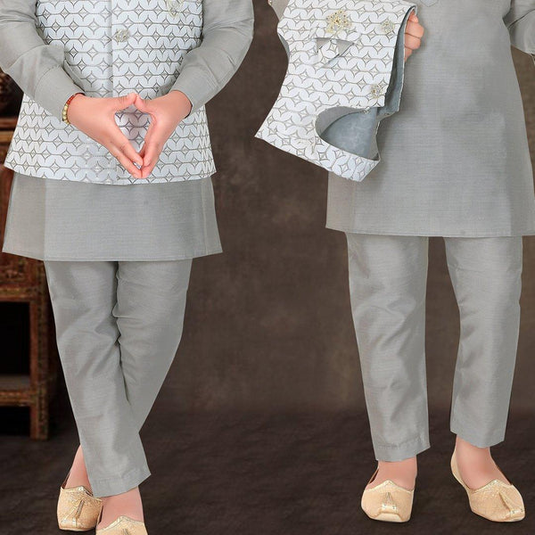 Raw Silk Grey Sherwani Set - Kumaran Silks