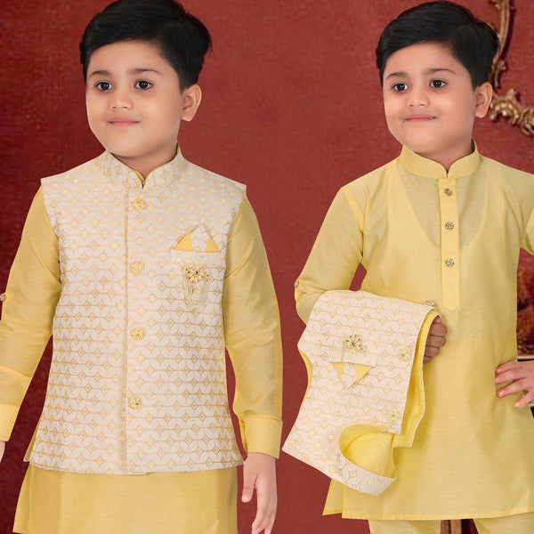 Raw Silk Light Yellow Sherwani Set - Kumaran Silks