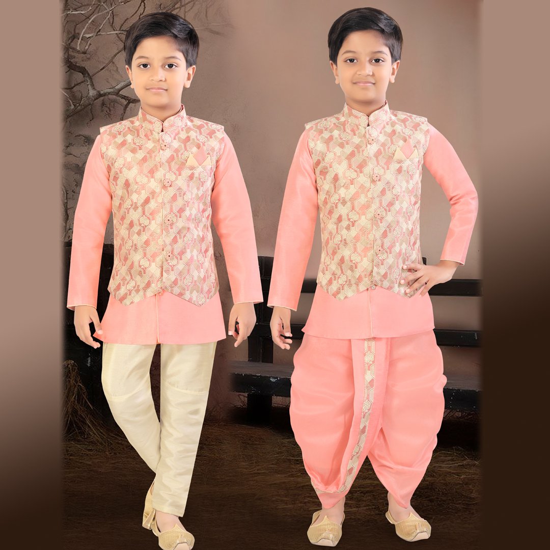 Raw Silk Light Pink Sherwani Set